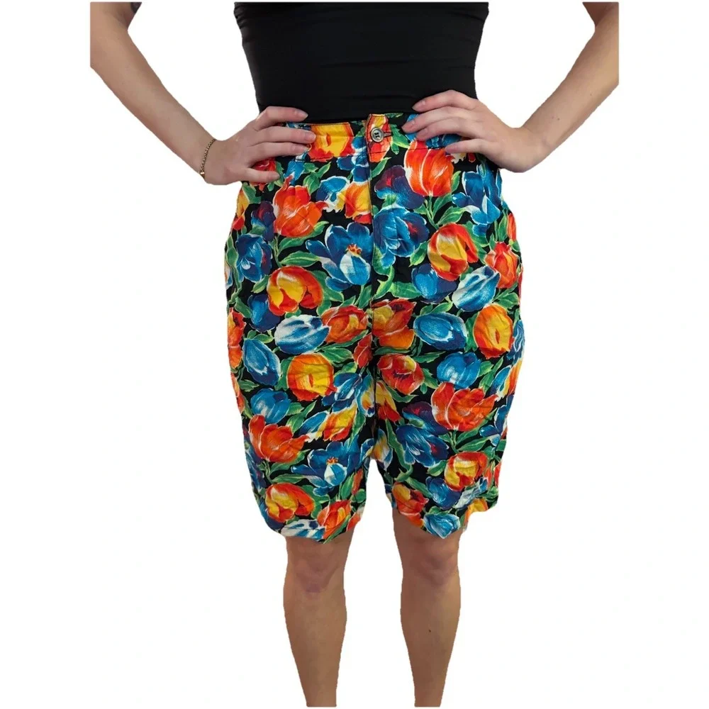 VTG 80's GAP Tulip‎ Floral Women's Pleated Bermuda Shorts 7/8 Japan